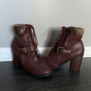 Shoedazzle Maroon high heel boots with buckle.